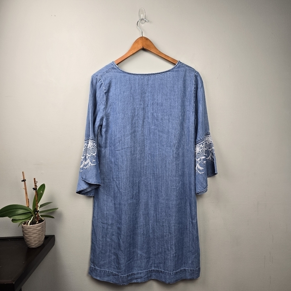 Coastal Western Short Denim Dress Embroidered Ruffle Flared Sleeve Womens Sz M - Picture 7 of 13